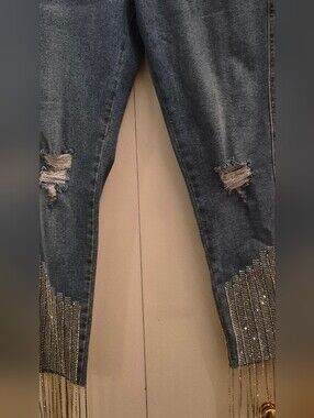 AKIRA Dark Wash Skinny Jeans with Bead Fringe